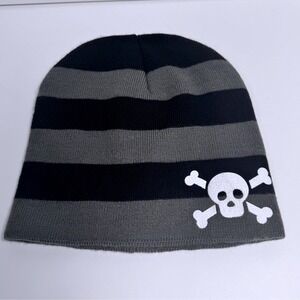 Capelli New York Kids Striped Beanie Hat Skull Crossbones Black Gray One Size